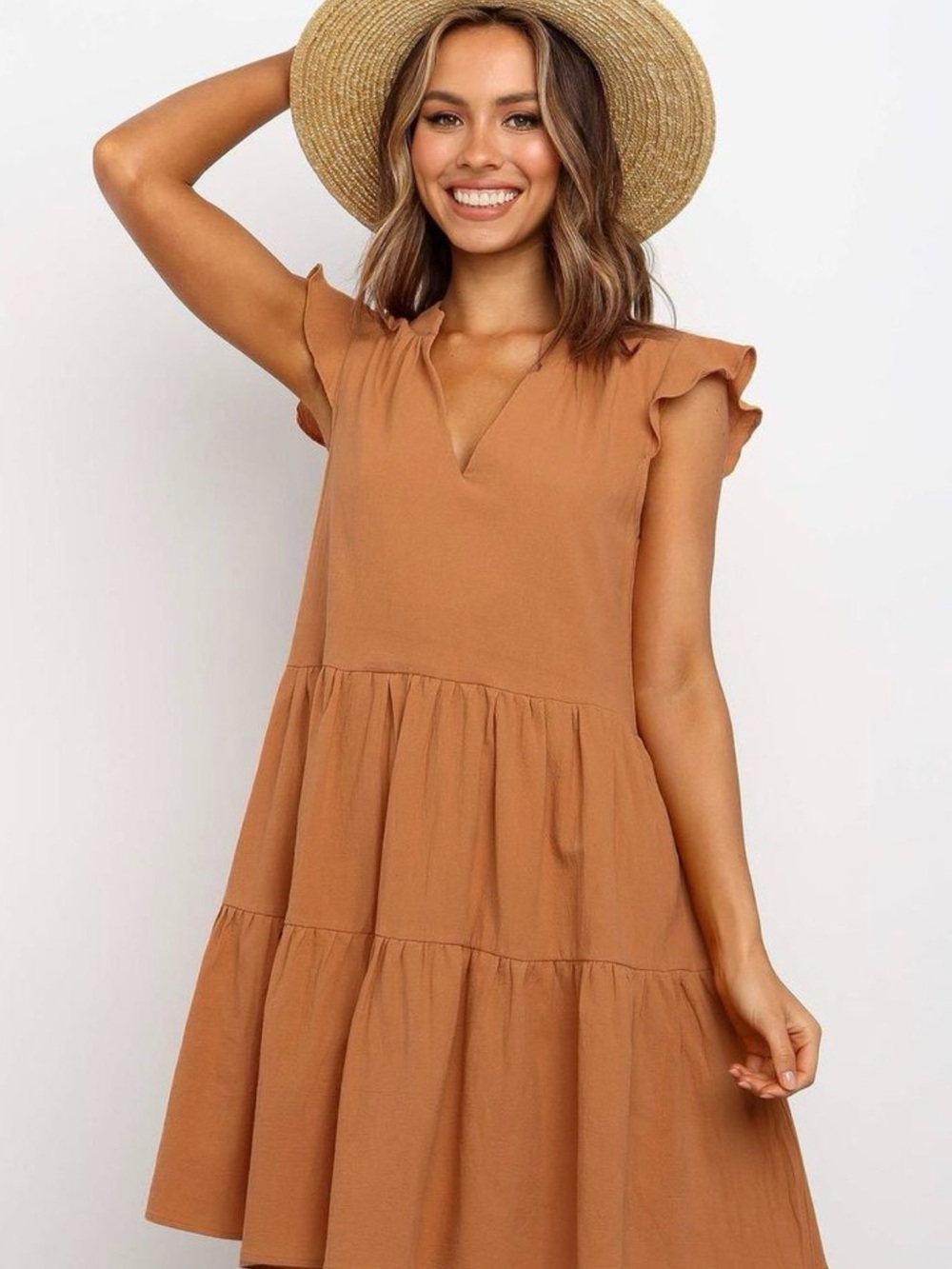 Goodthreads Rust Linen Blend Tiered Flutter Sleeve Mini Dress Pockets XS - Picture 2 of 9